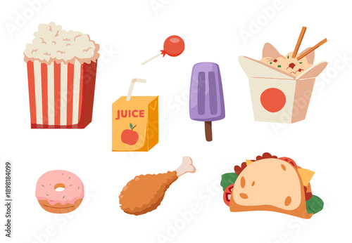 Cartoon Junk Food and Fast Food Isolated Icons Set. Popcorn, Donut, Fried Chicken, Taco, Ice Cream, Lollipop, Juice Box Vector Collection