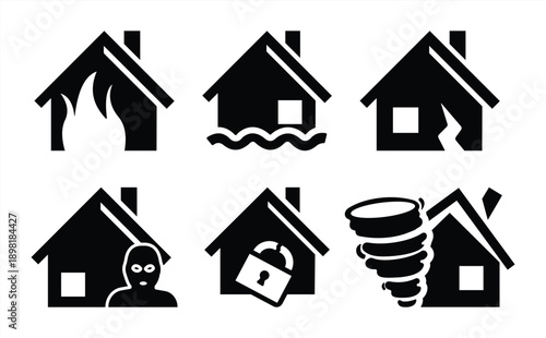 Home Insurance and Property Disaster Protection Icon Set