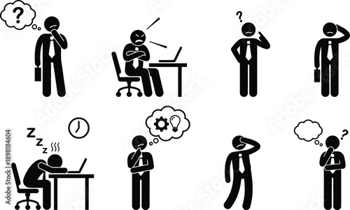 Illustrations of various stages of stress and sleep deprivation in the workplace