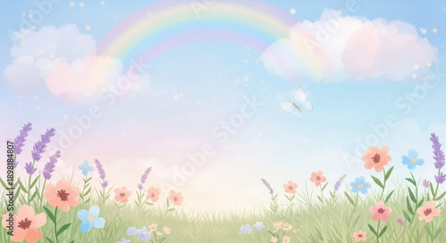 Colorful rainbow, clouds, and butterfly fly over a flower meadow. Happy childhood and spring season concept for children background. Bright sky art.