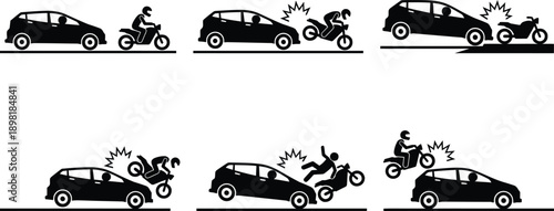 Illustrations of motorcycle accidents with cars in various scenarios.