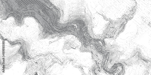 Detailed topographic contour map lines showing elevation changes and terrain in gray and white topography