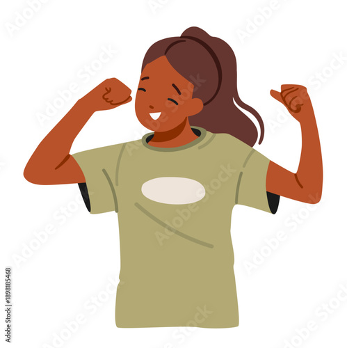 Preteen girl cartoon character showing biceps rejoicing her strength and power isolated portrait