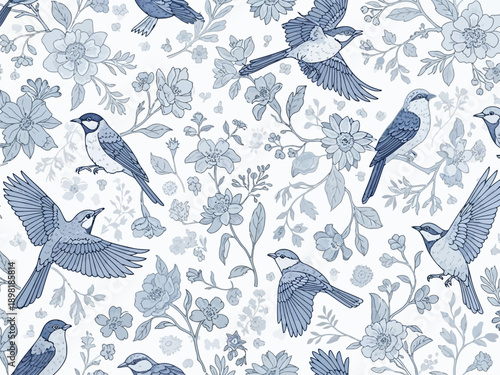 Blue birds in floral pattern