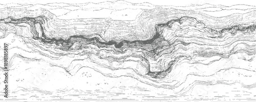 Detailed cross section geological strata showing rock layers and erosion patterns in monochrome geology