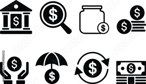 Icons representing various aspects of finance and financial services
