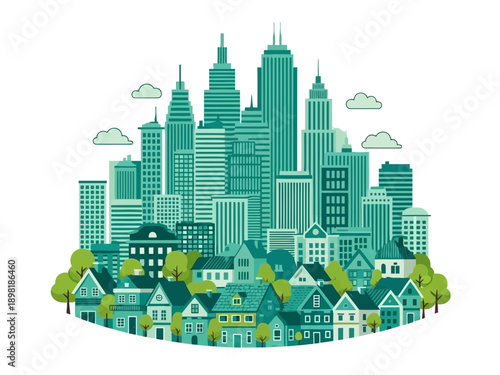 Teal cityscape with buildings and houses on a small island