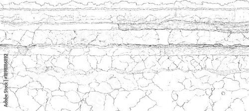 Cracked earth layers and textured strata in monochrome line ground soil