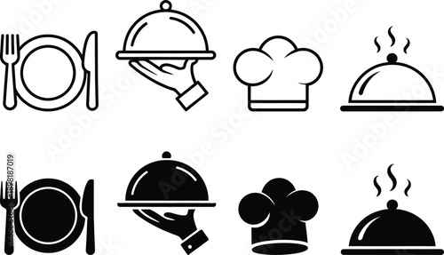 Assorted kitchen utensils and dishes with steam and chef hats