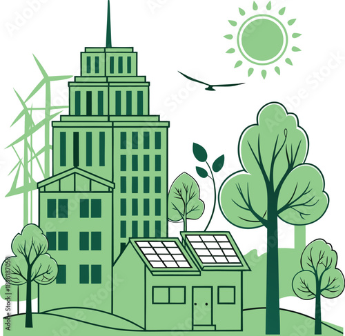 Eco friendly future city illustration with green buildings, solar panels and trees, modern sustainable architecture concept showing clean energy, urban ecology and smart living. for future!