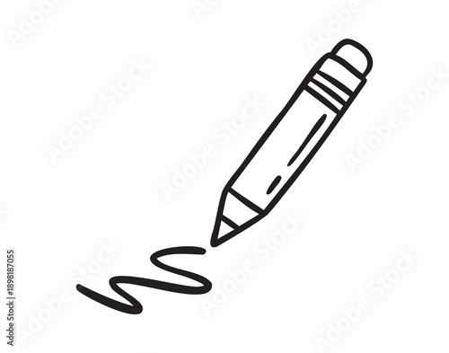Pencil with drawn line, line art school doodle, outline contour, monochrome, hand drawn