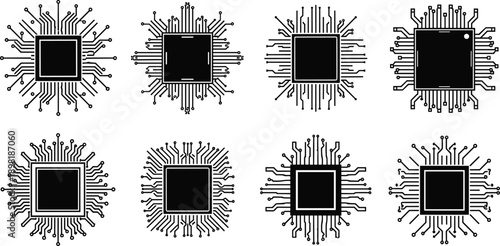 Black and white vector illustrations of integrated circuit chips with pins microchip processor
