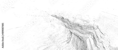 Abstract topographic map rendering with contour lines and dots in grayscale topography