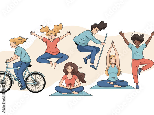 Diverse group of people engaging in fitness and wellness activities