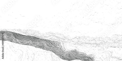 Abstract monochrome textured landscape with layered geological formations and scattered dots