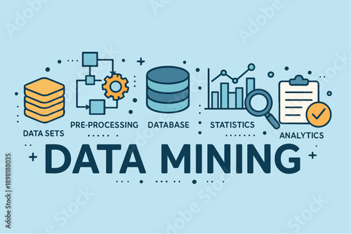 Data Mining Illustrated: An illustrative depiction of the intricate world of data mining, with key elements like datasets, databases, and analytical tools.
