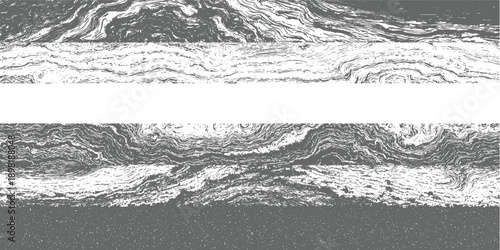 Monochromatic abstract texture with swirling gray and white organic patterns and horizontal bands