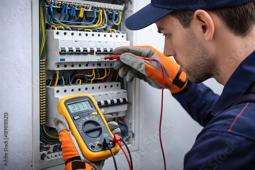 Electrician testing electrical control panel with multimeter, professional technician maintenance work, industrial power distribution system inspection, circuit breaker diagnostics, engineering repair