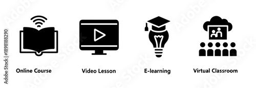 Digital Online Education Course and Virtual Classroom Learning Icons