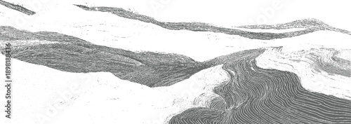 Abstract monochrome landscape of rolling hills and valleys rendered with fine lines and dots