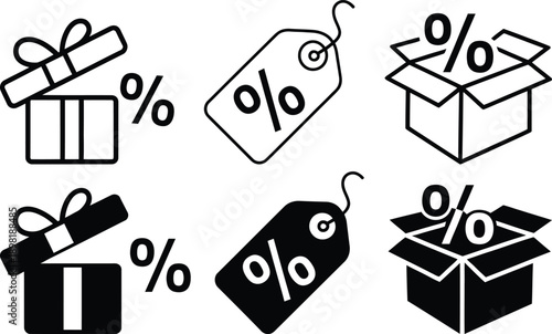 Various discount and sale icons featuring boxes and gift tags with percentage signs.