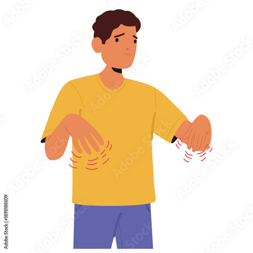 Man cartoon character showing trembling and shaking hands suffering from panic attack symptoms