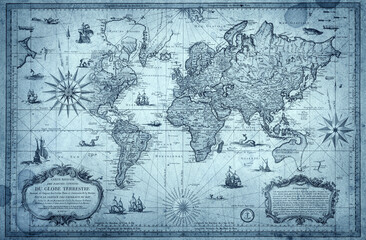 Antique world map collage inspired by old cartography of the 18, 19 century. Old geographical map with continents, oceans, ships, and compass roses on aged parchment background. 