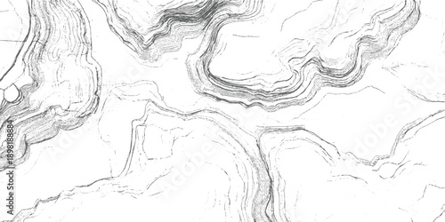 Topographic contour lines depicting a mountainous landscape with deep ravines and winding rivers in monochrome