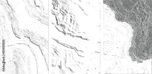 Abstract grayscale topographic contour lines and textured areas