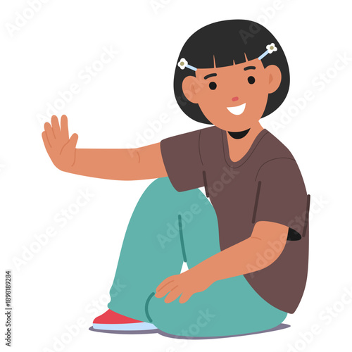 Pretty girl kid cartoon character waving hand while sitting on floor isolated on white background