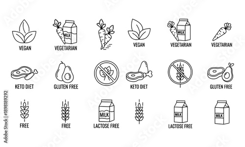 Vegan vegetarian organic food dietary labels line icons set