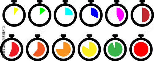 Set of colorful stopwatch icons showing different times