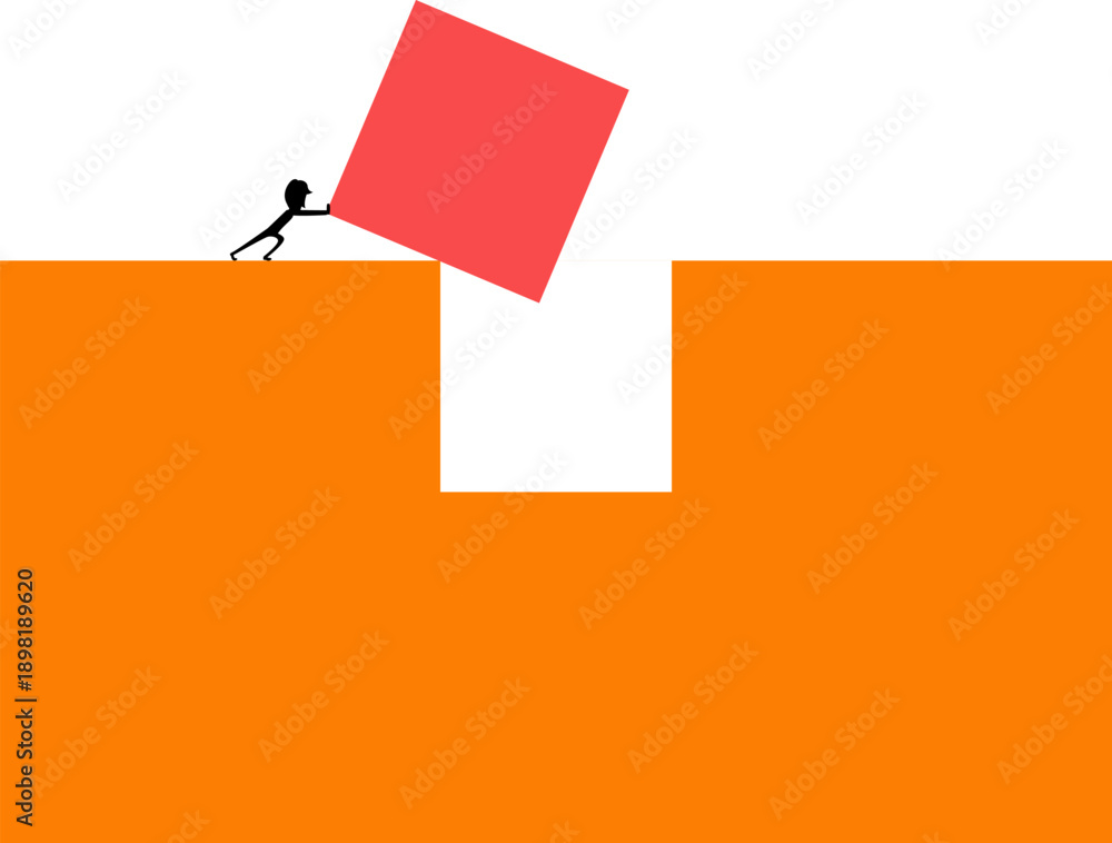 Fototapeta Person pushing large red block off ledge into gap