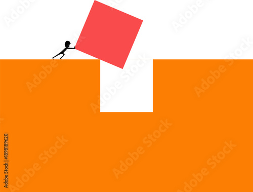 Person pushing large red block off ledge into gap