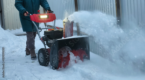 Tableau sur toile Person operating a snow blower to clear snow from a yard during winter
