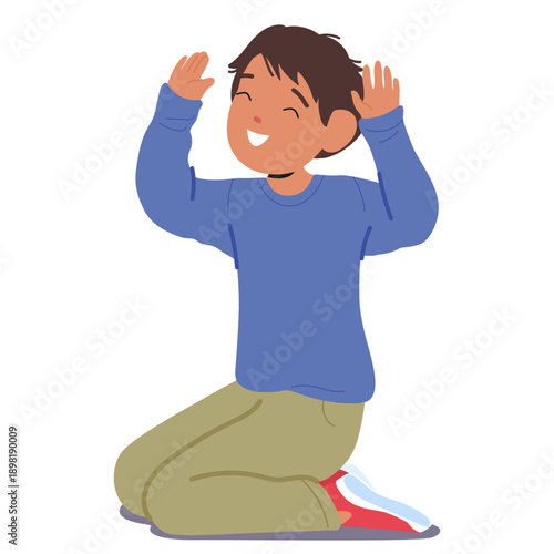 Happy laughing preschool boy child cartoon character with raised hands while sitting on floor