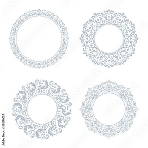 Set of decorative frames Elegant vector element for design in Eastern style, place for text. Floral gray and white frames. Lace illustration for invitations and greeting cards