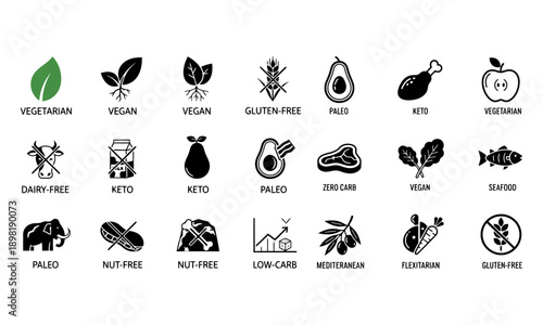 Minimalist food & diet label icons set