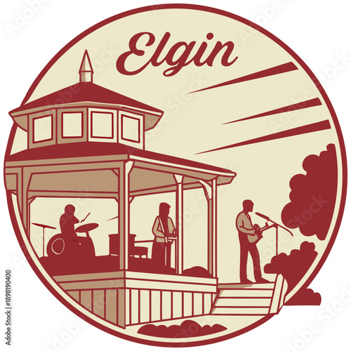 Elgin Illinois Gazebo Band Concert Silhouette Vector Illustration