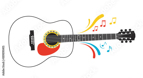 Acoustic guitar with a white body and black neck is surrounded by colorful music notes and artistic swirls on a plain background.
