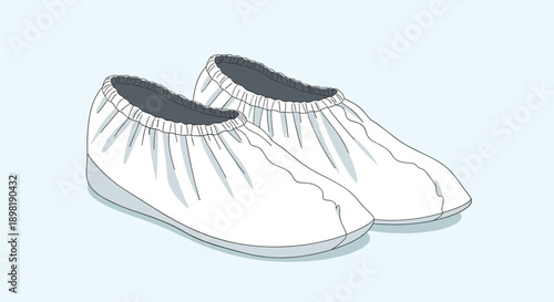 Pair of white disposable medical shoe covers is illustrated with elastic tops to protect clean environments from outside dirt and germs.