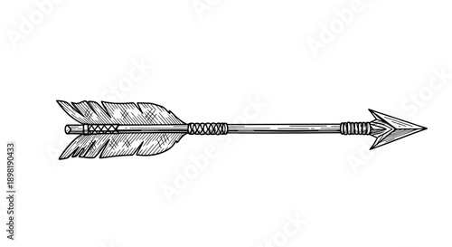 Detailed vintage arrow illustration features a sharp metal arrowhead, a wooden shaft with decorative bindings, and large feathered fletching.