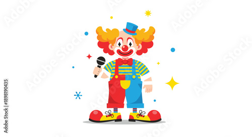 Cheerful clown with a blue hat and colorful outfit is holding a microphone and singing amidst bright stars and circular decorations.