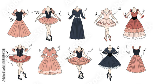 Collection of ten elegant dresses for ballet and ballroom dancing is shown in shades of pink and blue with musical note accents.