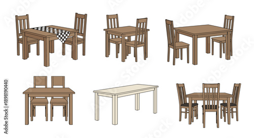 Collection of wooden dining table sets includes various designs with two or four matching chairs and different tabletop finishes.