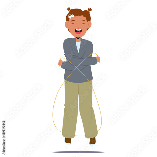 Joyful little girl child cartoon character laughing and jumping skipping rope isolated on white