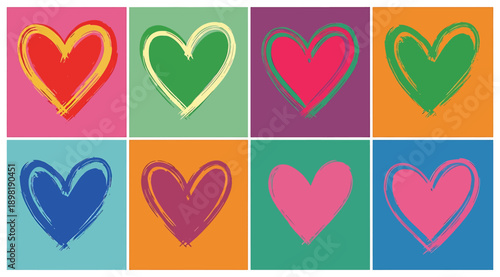A colorful grid of hearts in different colors and shapes