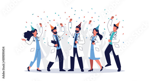 Professional multiethnic medical team of doctors wearing white coats and party hats celebrating a success with confetti.