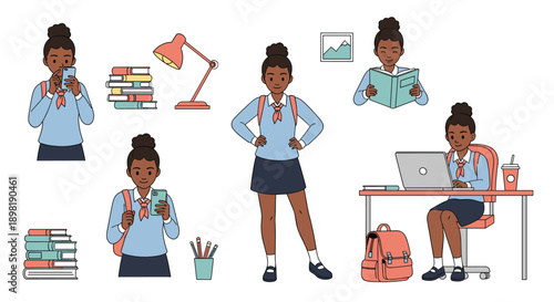 Schoolgirl in a blue uniform is shown in a collection of activities including studying with books, using a laptop, and checking her phone.