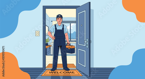 Professional repairman in blue overalls and a cap standing at an open apartment door holding a toolbox for service.